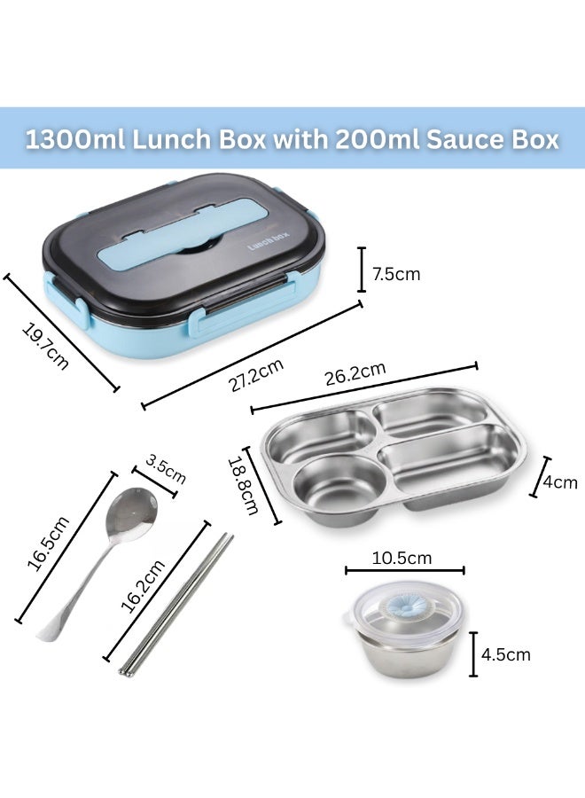 MIZAJIC Stainless Steel Bento Lunch Box for Kids and Adults Leakproof 4 Compartment Food Container 1300ml Ideal Portion Size with Sauce Box, Spoon and Chopsticks, Dishwasher Safe (Blue with Sauce Box) - Image 3